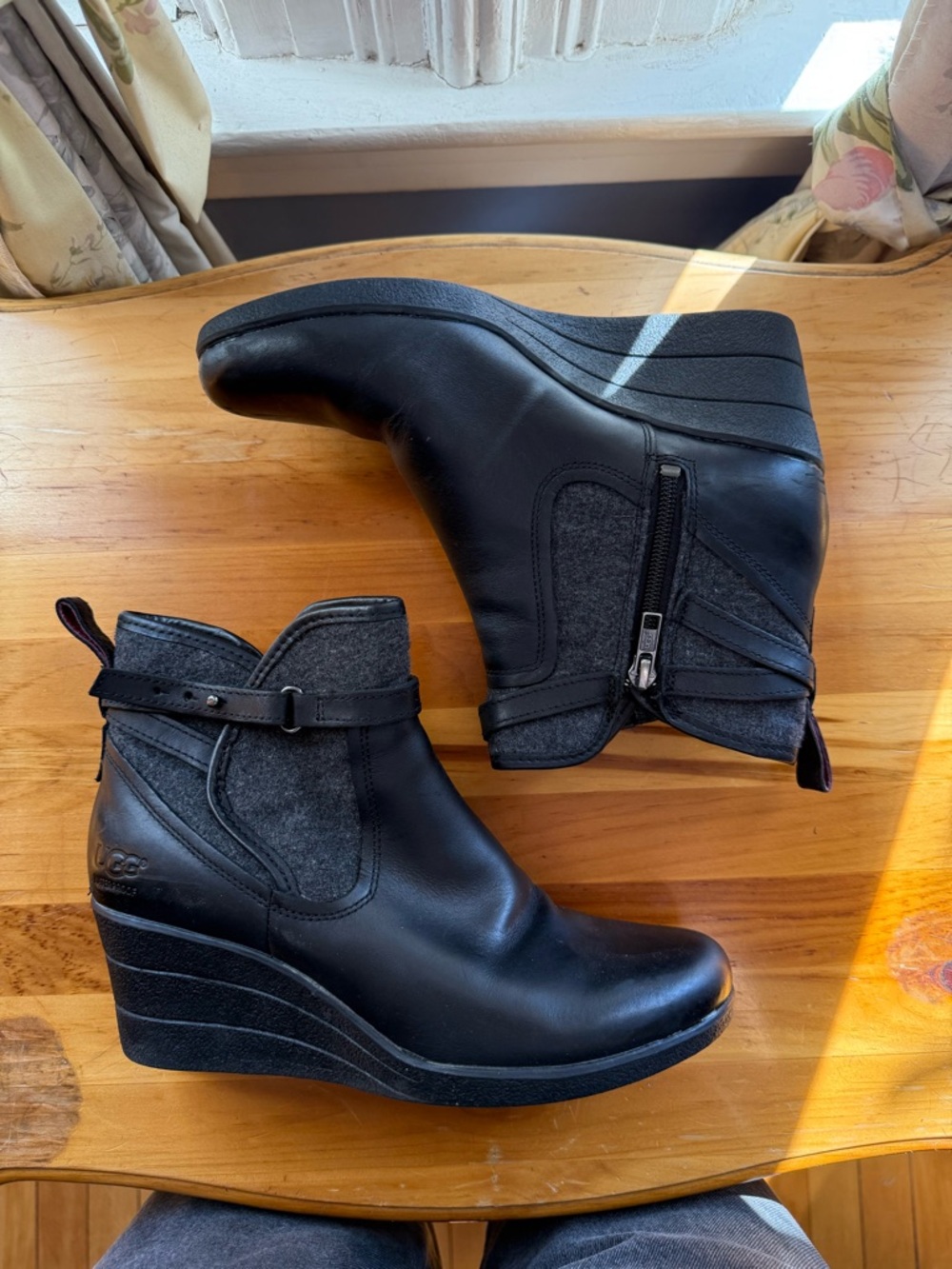 UGG Black Leather & Gray Wool Wedge Ankle Boots with Side Zip